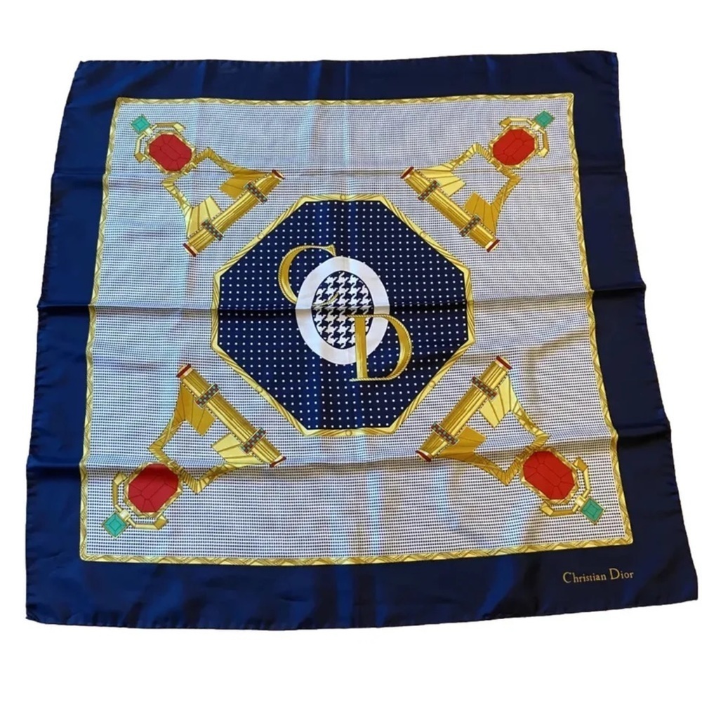 Christian Dior vintage Silk Scarf CD  logo polka dot jewels RARE